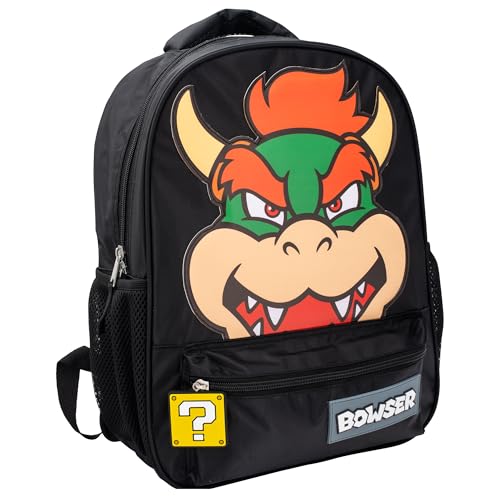 AI ACCESSORY INNOVATIONS Super Mario Bowser Backpack for Boys & Girls, 16 Inch Nylon Twill Big Face Schoolbag, Black - style: Super Mario