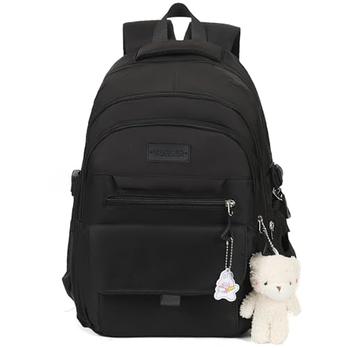 PRLINJSK Girls Backpack for College High Middle School Student, Cute Aesthetic Bookbag for Teens Women with Accessories,Black - color: Black, size: 18.5 Inch