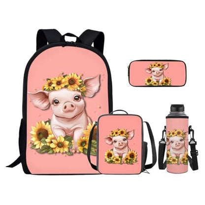 Girls Backpack Set with Lunch Bag Pencil Case Water Bottle Holder 4PCS Cute Sunflower Pig Backpack for Teen Girls 17 Inch Bookpack 4 in 1 Set with Zip Pocket Back to School Gifts - color: Cute Sunflower Pig