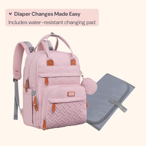 BabbleRoo Diaper Bag Backpack - Baby Essentials Travel Tote - Multi function Water Resistant Diaper Bag, Travel Essentials Baby Bag with Changing Pad, Stroller Straps & Pacifier Case - Unisex, Pink - color: Pink, size: Large