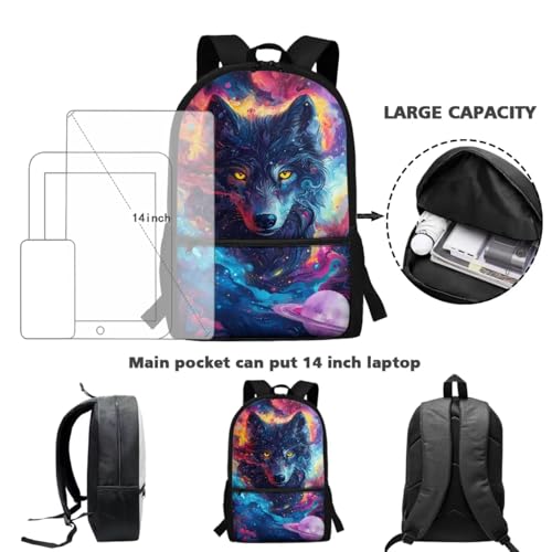 ZDCUSTOM Cosmic Wolf Backpack Sets for Boys, School Backpack with Lunch Box for Kids, Elementary Bookbag with Pencil Case, Water Bottle Sleeves, Keychain, Back to School Gear for Boys Age 8-10 - color: Cosmic Wolf