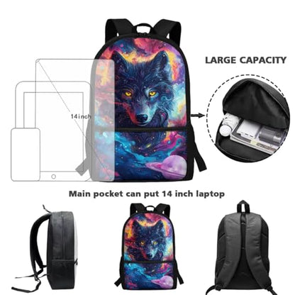 ZDCUSTOM Cosmic Wolf Backpack Sets for Boys, School Backpack with Lunch Box for Kids, Elementary Bookbag with Pencil Case, Water Bottle Sleeves, Keychain, Back to School Gear for Boys Age 8-10 - color: Cosmic Wolf