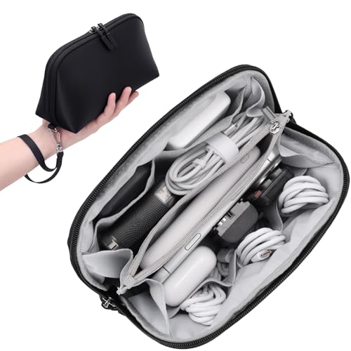 FYY Travel Cable Organizer - 8 Compartments Lightweight Water Resistant Tech Pouch with Wrist Strap Portable Electronic Accessories Case for Cord Charger Storage for Travel Home Office Black (Medium) - color: Black, style: M