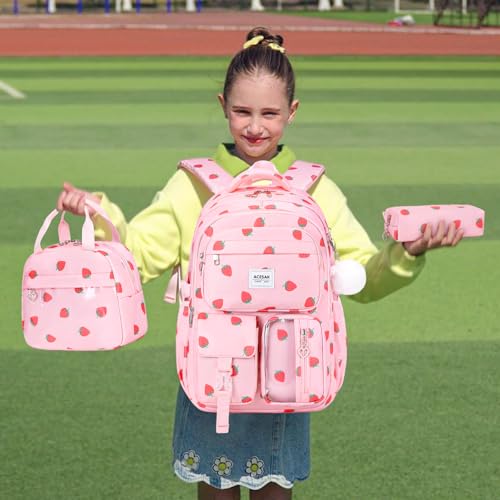 ACESAK Backpack for Girls - Girls Backpack with Lunch Bag & Pencil Pouch for Teen Kids Laptop Backpack for Women, Elementary Middle High School Bookbag Travel Daypack (Pink Strawberry) - color: Pink Strawberry