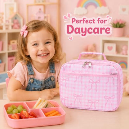 LEDAOU Lunch Box Kids Insulated Lunch Bag Girls Boys Toddler Reusable Lunchbox for School Picnic Hiking (Checkered-Pink Bow) - color: Checkered-Pink Bow