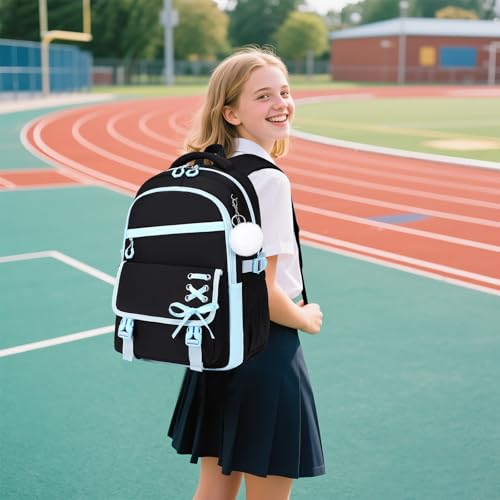 Scothen 3PCS Girls Backpack for School, Kids Backpack for Girls with Lunch Bag Pencil Case, Kids Bookbag Teen Backpacks for Elementary Middle High School - color: Black-blue
