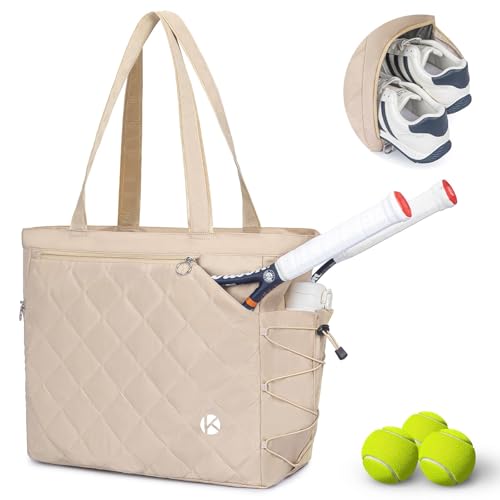 KAVIGOR Tennis Tote Bag with Shoe Compartment - Extra-Large Quilted Pickleball Bag Holds 2-4 Rackets, Water-Resistant & Lightweight for Men & Women - color: Khaki