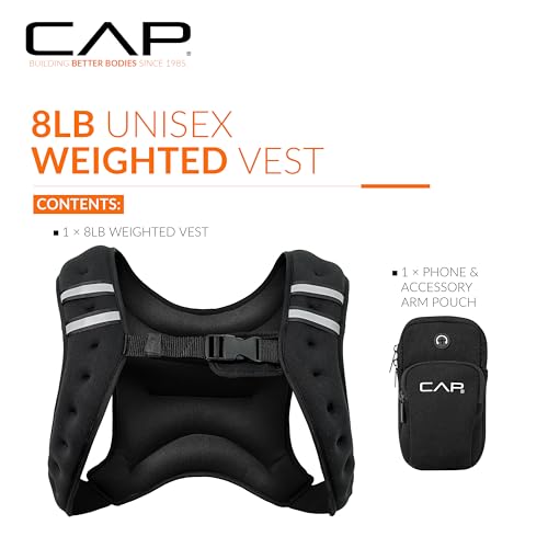 CAP Barbell 8LB Weighted Vest – Unisex Workout Vest with Phone Pouch, Reflective Strips, and Adjustable Fit for Walking, Running, Cardio, and Strength Training | Black or Blue - color: Black