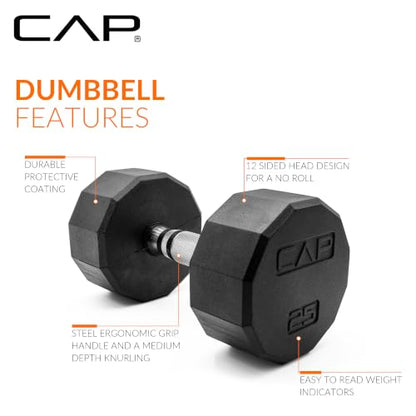 CAP Rubber Coated Hex Dumbbell Set with Storage Rack | 100–210 lb Options, Space-Saving Vertical Compact Storage for Home Gym Strength Training - size: 210 lb - Set - Black Rack, style: 12-Sided Chrome Handle