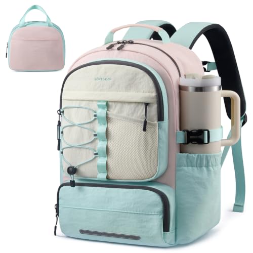 LOVEVOOK School Backpack for Teen Girls, 2PCS Cute Student Kids Bookbag Purse for Middle High School with Lunch Bag & Pens Compartment, Large Capacity College Student Backpacks, Fits 15.6'' Laptop - color: Green Pink Beige, size: Medium with lunch bag