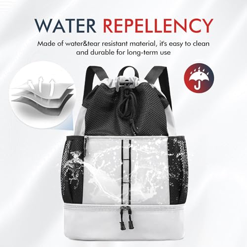 PinCute Drawstring Gym Bag for Men/Women - Mesh Beach Swim Bags Sports Backpack with Wet Pocket&Shoe Compartment, Lightweight - color: White