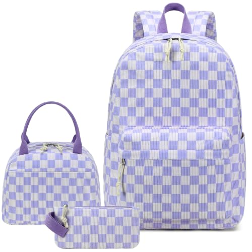 LEDAOU Kids Backpack for Girls Backpacks with Lunch Box, Lightweight Bookbag Set Elementary Middle School Back pack for 8-14 - color: Purple Checkered