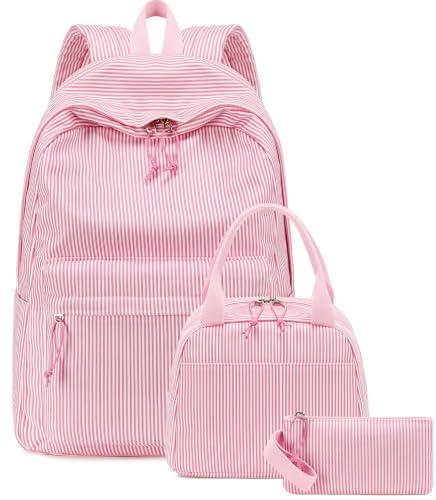 BTOOP School Backpacks for Teen Girls Bookbags Lightweight Kids Backpack School Bags Set with Lunch Box Pencil Case - color: Pink White Stripe