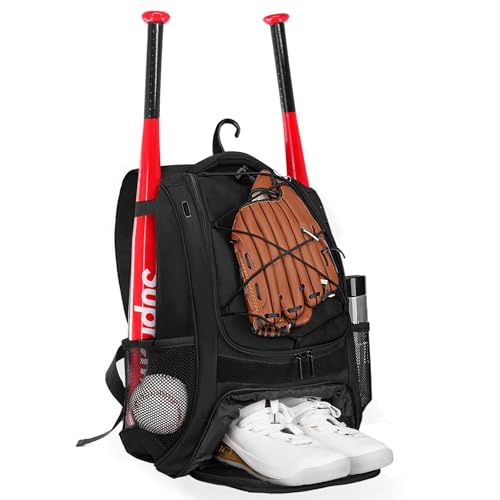 Goloni | Baseball Backpack,Baseball Bag for Adult,Softball Bat Bag with Shoes Compartment,Large Main Compartment for Helmet & accessories, Fence Hook - color: black