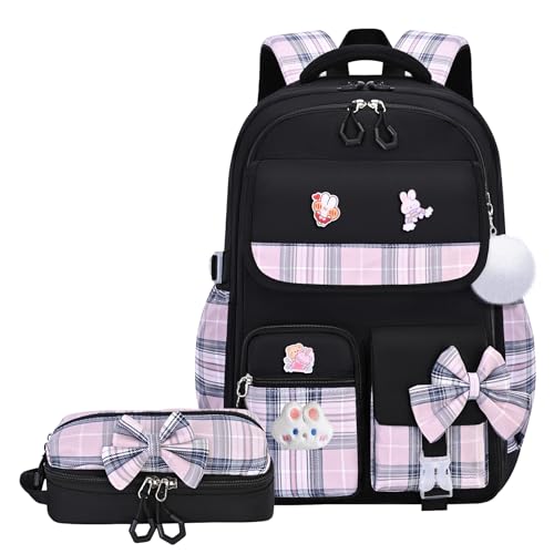 NSEQB Girls Backpack,Kids School Backpack With Lunch Box Pencil Case Set,Cute Childrens Schoolbag For Girls - color: Black-2PCS