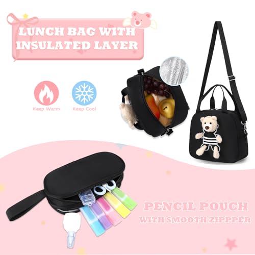 ACESAK School Backpack for Girls - 3 PCS Cute Girls Backpack with Lunch Box & Pencil Case - Kawaii Casual Kids Bookbag School Bag Daypacks Set for Elementary Middle High School Student Teens (Black) - color: Black
