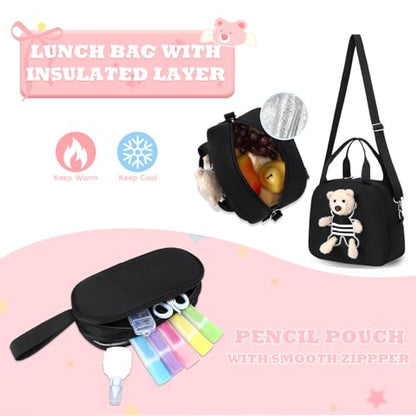 ACESAK School Backpack for Girls - 3 PCS Cute Girls Backpack with Lunch Box & Pencil Case - Kawaii Casual Kids Bookbag School Bag Daypacks Set for Elementary Middle High School Student Teens (Black) - color: Black