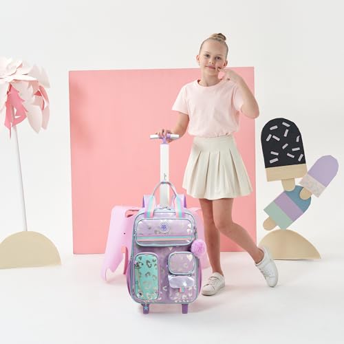 Kids Rolling Backpack with Wheels for Girls Roller Travel Luggage Kids Carry on School Backpack for Girls Ages 6-8 Purple - color: A Purple Love