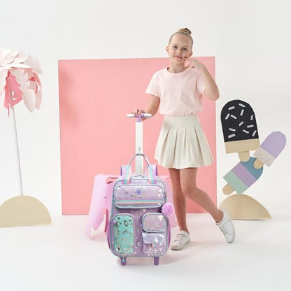 Kids Rolling Backpack with Wheels for Girls Roller Travel Luggage Kids Carry on School Backpack for Girls Ages 6-8 Purple - color: A Purple Love