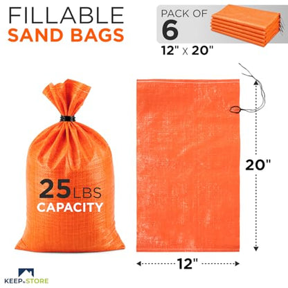 Heavy Duty Sand Bags Pack of 6, Bright Orange Empty Sandbags with Built-In Ties, Woven Polypropylene UV Protection 1600 Hours, Fillable Bags for Flood Control, Weight, 12x20 inches, 25 Pounds Volume - size: 12"W x 20"L, style: Pack of 6