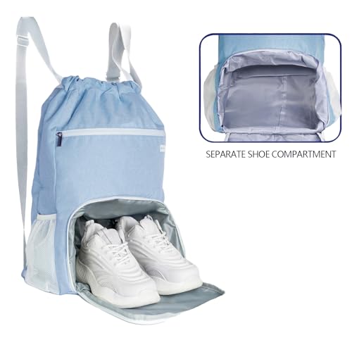BAVELOE Drawstring Backpack with Wet Pocket & Shoe Compartment, Water-Resistant Sports Gym Swim String Bag for Women Men(Sky Blue)