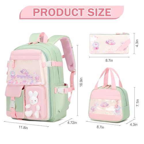 FIXITOK Girls Backpack Set, 3PCS School Backpack for Girls, Kawaii Bunny Kids Backpacks for Girl Kindergarten Elementary School Preschool Travel Daycare Bookbag with Lunch Box Pencil Box Green - color: Green