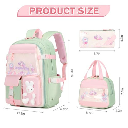 FIXITOK Girls Backpack Set, 3PCS School Backpack for Girls, Kawaii Bunny Kids Backpacks for Girl Kindergarten Elementary School Preschool Travel Daycare Bookbag with Lunch Box Pencil Box Green - color: Green