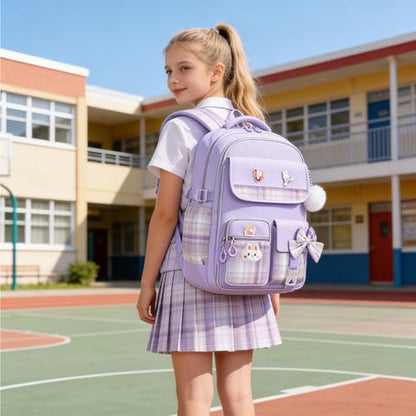 NSEQB Girls Backpack,Kids School Backpack With Lunch Box Pencil Case Set,Cute Childrens Schoolbag For Girls - color: Purple-2PCS