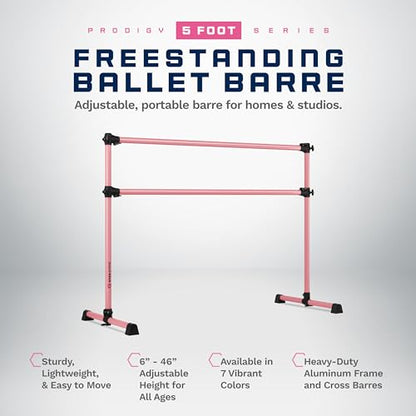 VITA Barre Portable Freestanding Double Ballet Barre, Prodigy, Aluminum | Adjustable Height, USA Made, Home or Gym Exercise Equipment for Kids & Adults | Dance, Fitness, Pilates - color: Light Pink, style: 5 Ft