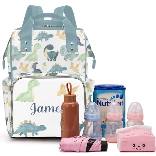 Dinosaur Personalized Name Nappy Bag Large Capacity Baby Diaper Bags, Color Green Monogram Daypack Custom Name Backpack Casual Daypack Bag Gifts for Nephew Son Grandson - color: Green Dinosaur 01