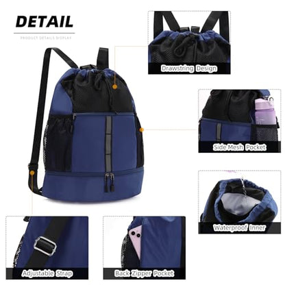 Valleycomfy Drawstring Gym Bag Sports Backpack With Shoe Compartment and Reflective Strips Dark Blue - color: Dark Blue