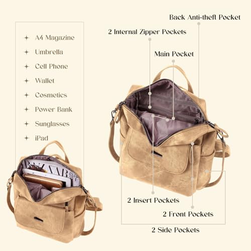 Backpack Purse for Women, Women Backpack Purse Small Leather Waterproof Anti-theft Shoulder Bags Handbags Ladies - color: Khaki
