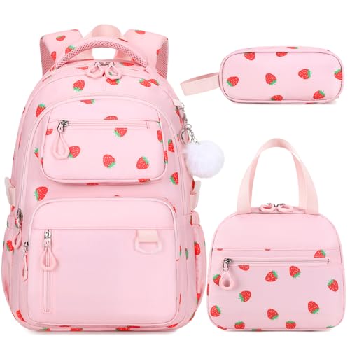 Bevalsa Backpack for Girls 3PCS Teen Girls Pink Backpack for School with Lunch Bag Pencil Case Cute Kids Laptop Backpacks Bookbag for Elementary Middle High School College Student (Strawberry) - color: Pink Strawberry