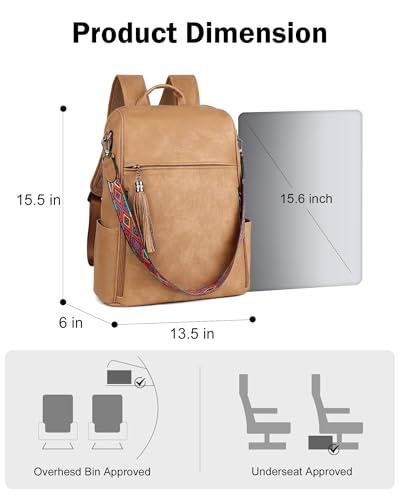 FADEON Leather Laptop Backpack for Women Designer 15.6 inch PU Laptop Bag, Ladies Travel Computer Work Backpack Camel Brown - color: Retro Camel Brown Style