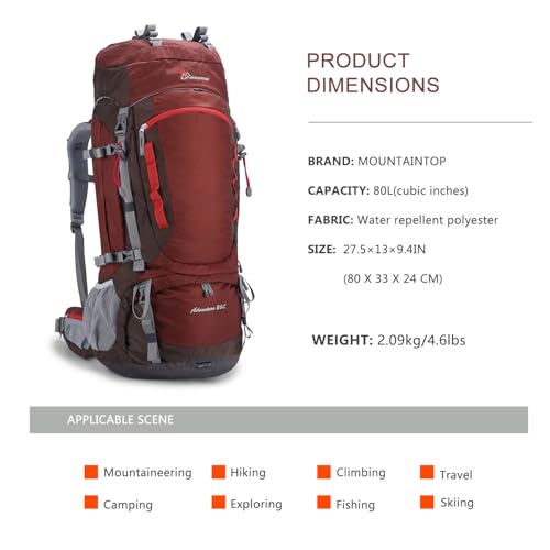 MOUNTAINTOP 80L Internal Frame Backpack for Man & Women Backpacking Hiking Backpack with Rain Cover - color: Maroon-80l