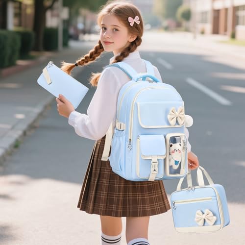 GeeWin Girls Backpack for School with Lunch Box & Pencil Case Set, 17 Inch Waterproof Cute Bow Girls Bookbag for Kids, Teens, Elementary Middle High College School Student (Blue/Beige) - color: Blue Beige