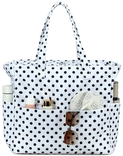 LEDAOU Beach Bag Waterproof Sandproof Women Beach Tote Pool Bag with Zipper for Swim Gym Grocery Travel with Wet Pocket | Sandproof - color: White Polka Dots