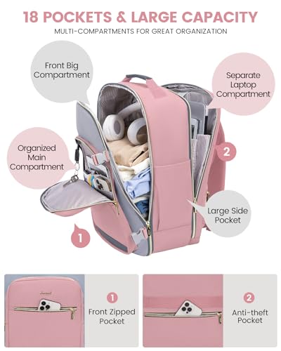 LOVEVOOK 40L Travel Backpack for Women & Men, Airline Approved Carry On Luggage with 3 Packing Cubes, TSA Overnight Bags, Waterproof Personal Item Bag, Weekender Essentials Backpacks fits 17" Laptop - color: Pink-light Grey-grey, size: Large