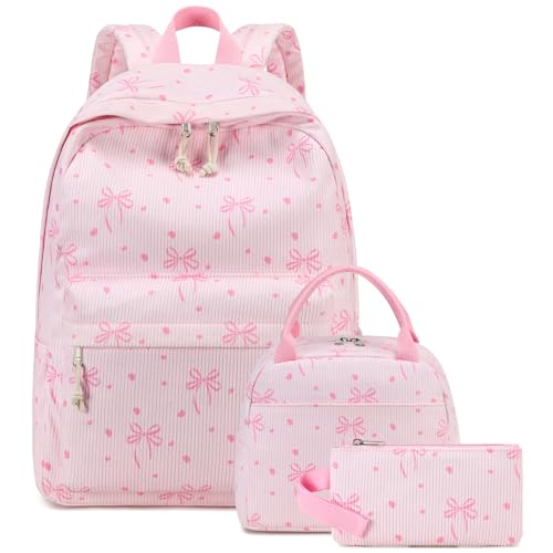 Bluboon School Backpack Set Girls Womens Laptop Bookbag Casual Daypack Fits 15 inch Laptop with Lunch Tote Bag and Pencil Bag - color: Pink Bow 219