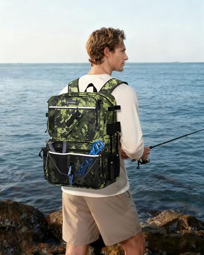 Fishing Backpack with Removable Bait Binder, Large Water Resistant Tackle Bag Storage Gear and Equipment for Fishing, Camping, Hiking, Green - color: Green Camo - Detachable