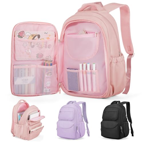 Cute Backpack For School Teens Girls, Aesthetic Kids Elementary School Backpacks, Waterproof Middle Students Bookbag, Large Capacity Backpack For College Women Men (Pink) - color: Pink
