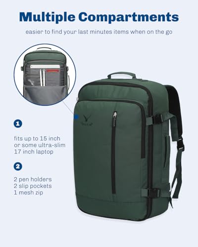 Hynes Eagle 38L Flight Approved Backpack Carry On Travel Bag for Men Women - color: Oliver Green
