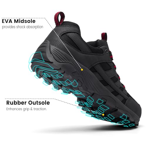 SHULOOK Men's Waterproof Hiking Shoes Lightweight Anti Slip Outdoor Ankle Boots Breathable Hike Trekking Trails Shoe - color: Black/Red-02, size: 9.5
