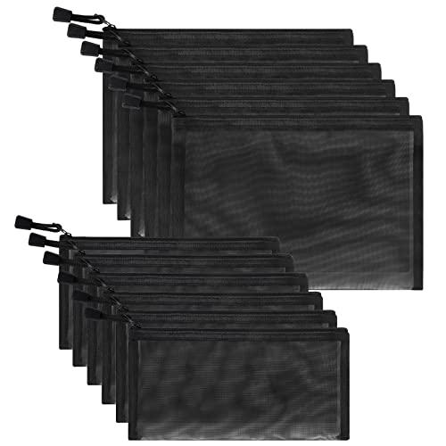 12 Pieces Zipper Nylon Mesh Pouch, Mesh Cosmetic Bags Makeup Bags Pencil Case, Multipurpose Travel Bags for Cosmetic School Office Supplies and Travel Accessories (Black, A5+B6) - color: Black, size: A5+B6