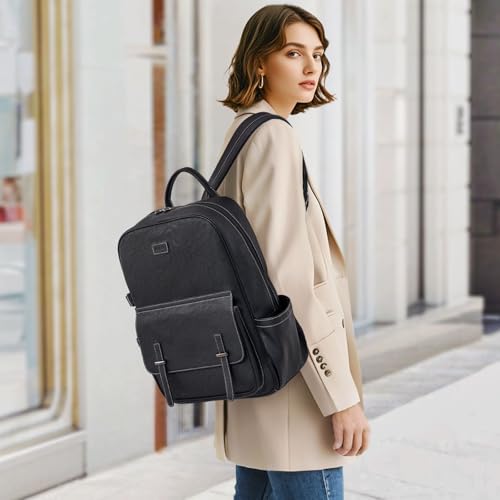 Vegan Leather Laptop Backpack for Women Designer 15.6 Inch PU Laptop Bag, Ladies Travel Computer Work Backpack - color: Black