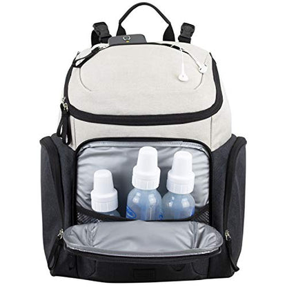 BODHI Baby Tech Top Loader Diaper Bag Backpack with removable changing pad, Unisex, for Moms and Dads - Oatmeal/Black Combo Chambray - color: Oatmeal Black Combo Chambray