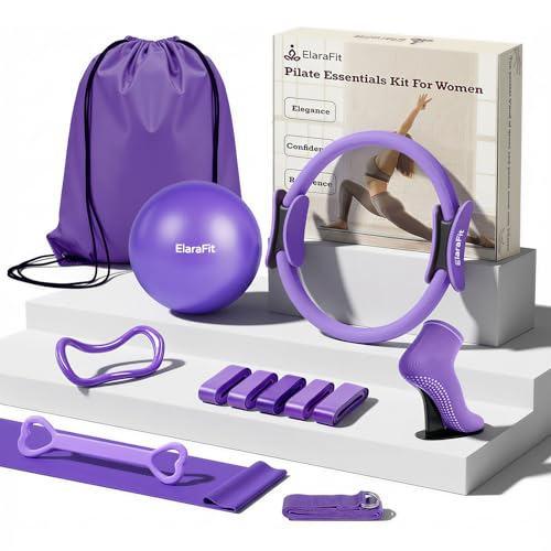 Home Pilates Ring and Ball Set for Women with 5 Resistance Bands 13 inch Magic Circle Workout Starter Kit for Beginners Full Body Toning 15 Min Daily Routine - color: All Purple