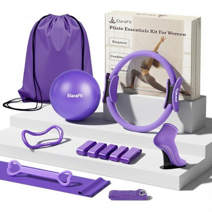 Home Pilates Ring and Ball Set for Women with 5 Resistance Bands 13 inch Magic Circle Workout Starter Kit for Beginners Full Body Toning 15 Min Daily Routine - color: All Purple