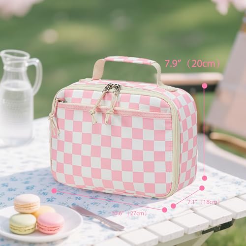 LEDAOU Lunch Box Kids Insulated Lunch Bag Girls Boys Toddler Reusable Lunchbox for School Picnic Hiking (Checkered-Pink) - color: Checkered-Pink