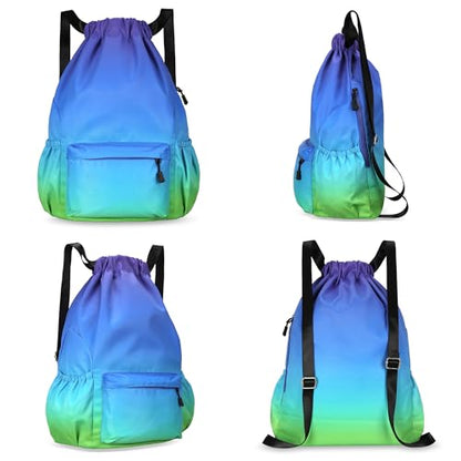 Drawstring Backpack for Women Drawstring Gym Bag Water Resistant Small Cinch Sack Pull String Backpack Bag (Blue-Green) - color: Blue-green